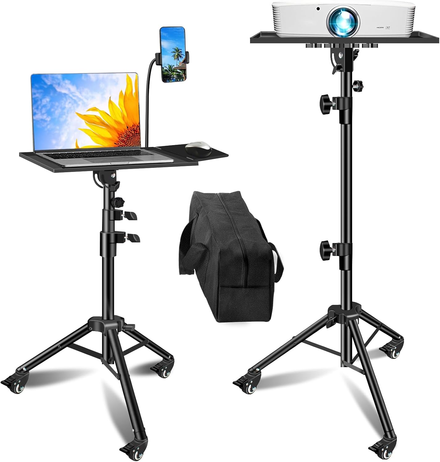 Projector Stand with Wheels, Laptop Tripod from 29" to 69" with Mouse Tray, Adjustable Height DJ Racks Stands with Gooseneck Phone Holder, for Office, Home, Stage, Studio, 1 Pack Black 29 Inch-69 Inch