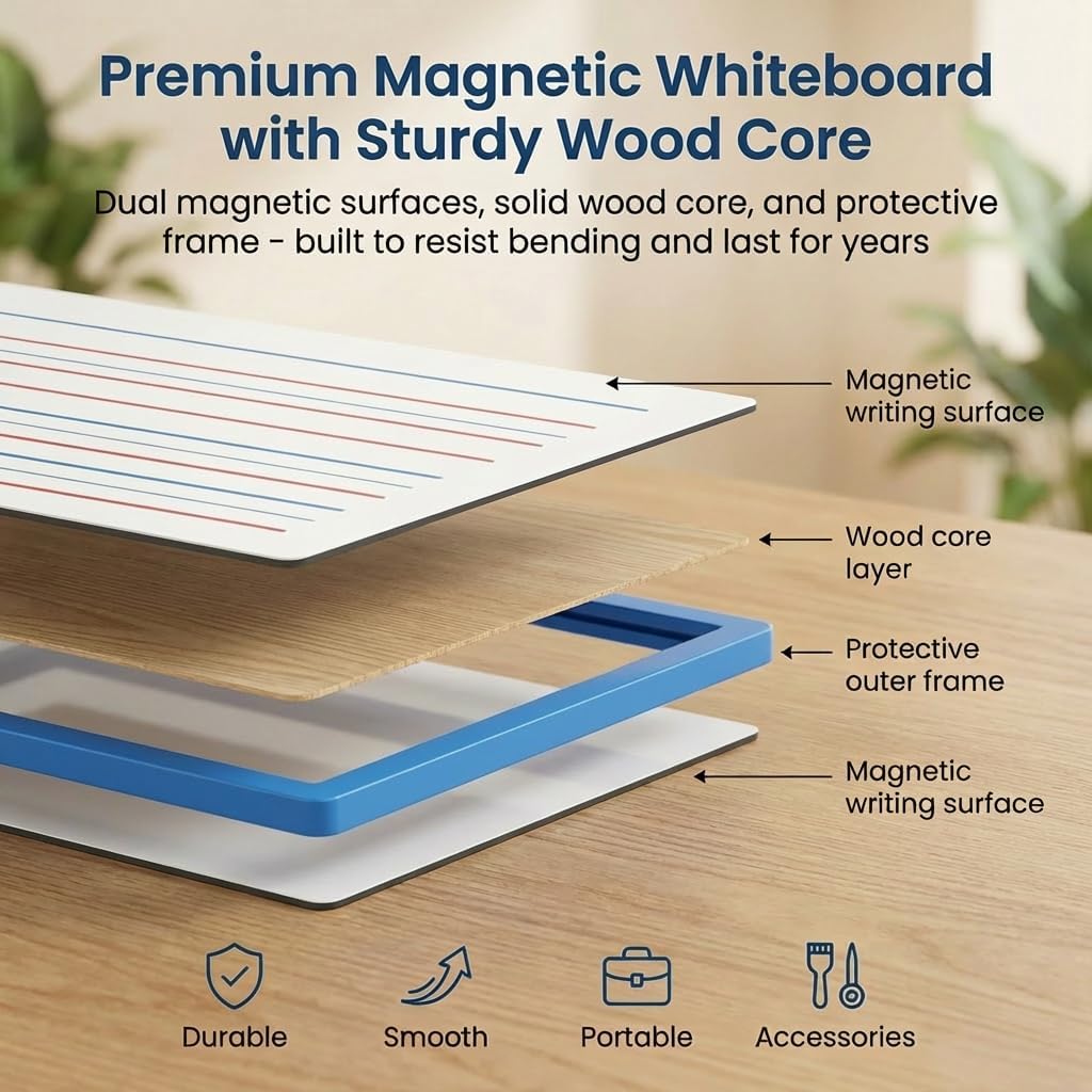 Dry Erase Boards 6 Pack, Colored Frame Double Sided Magnetic Small Whiteboards with Lines for Kids, Students, Teacher & Classroom Pack
