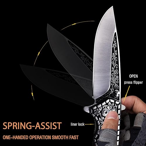 Miniatura 4 de Vividstill Cuchillo de bolsillo cuchillo plegable con patrón retro en relieve 3D gran regalo EDC cuchillo para hombres al aire libre camping caza