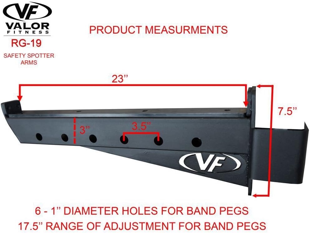 Valor Fitness Safety Spotter Arms for 3"x 3" Power and Squat Racks Adjustable - Barbell Catch System with Rubber Protection and 1" Band Peg Holes on The Side - Power Rack System Accessories