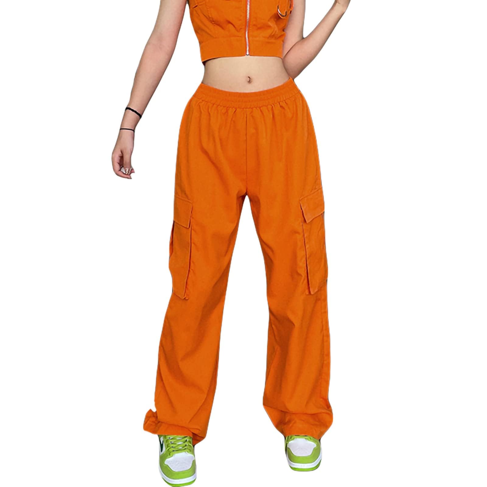 Women Fashion Cargo Pants Straight Leg Elastic Waist Vintage Y2K Baggy Jogger Loose Fit Trousers with Pockets