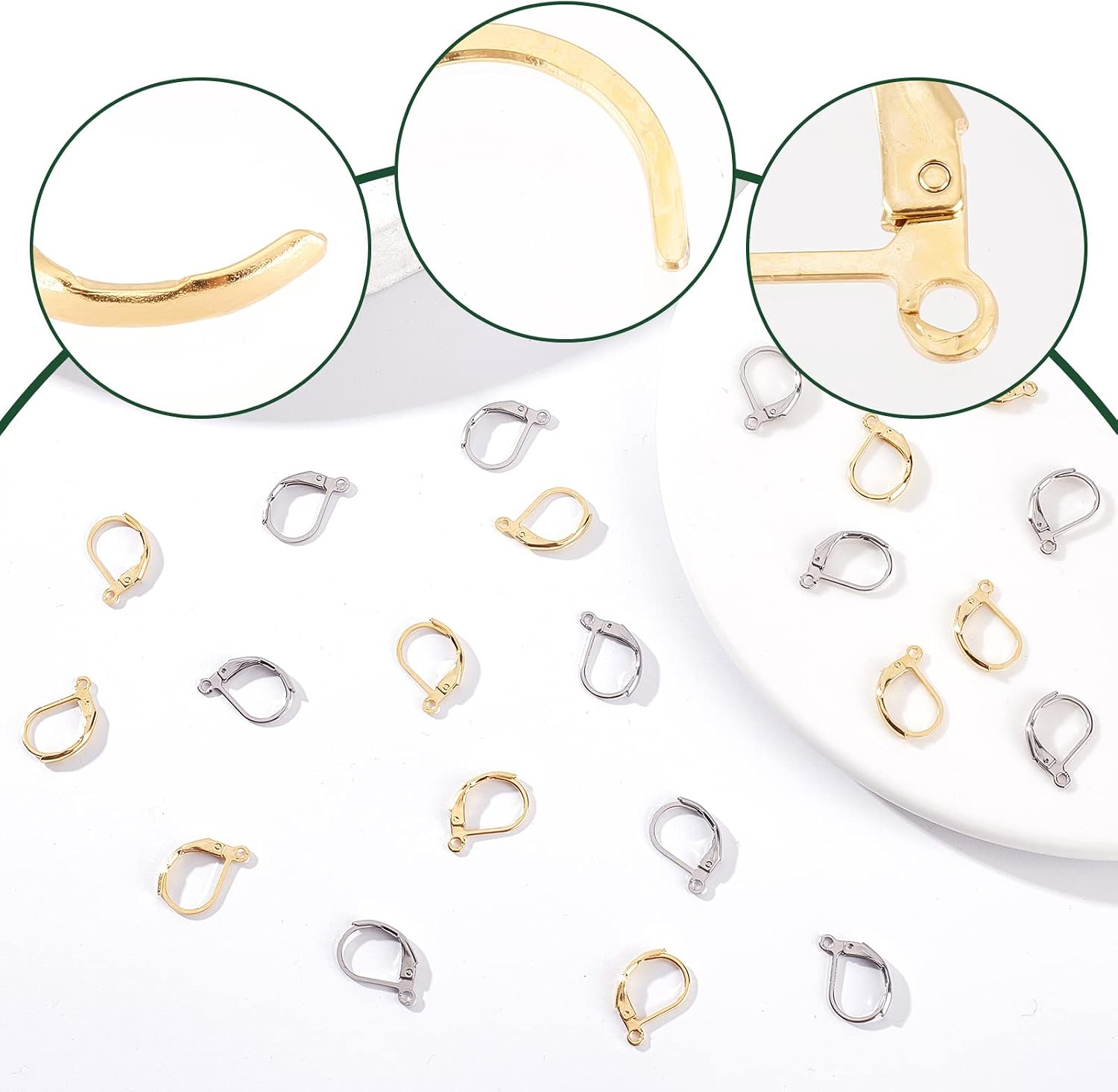 Beebeecraft 1 Box 100Pcs Leverback Earring Findings Stainless Steel French Earring Hooks Silver and Gold Color 15x11mm Interchangeable Dangle Ear Wire Findings for Jewelry Making