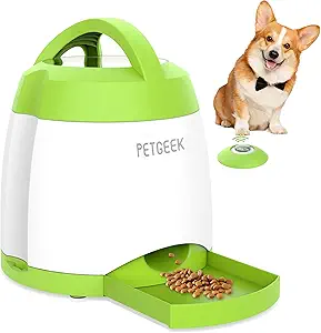 PETGEEK Dog Food Dispenser Toy, Interactive Pet Toys Treat Dispensing for IQ Training, Automatic Dog Treat Dispenser with Button Remote Push, Dual Power Supply for Indoor Outdoor Use, Green Color