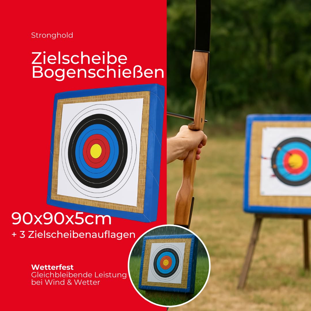 Zielscheibenmatte aus Stroh 90x90 cm | wetterfeste Bogensport Zielscheibe inkl. 3 FITA Zielauflagen, Pfeilfangmatte Schießscheibe für Recurve & Freizeitbogen