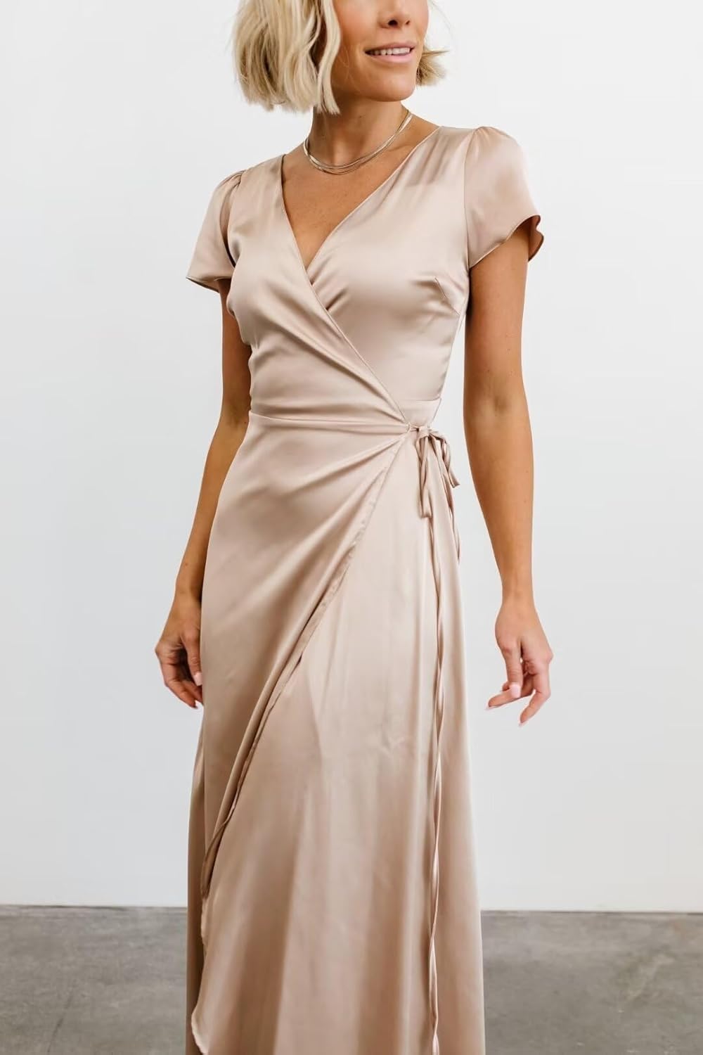 V Neck Satin Bridesmaid Dresses 2026 Long Wrap Pleated Formal Evening Party Gowns with Slit - Image 4