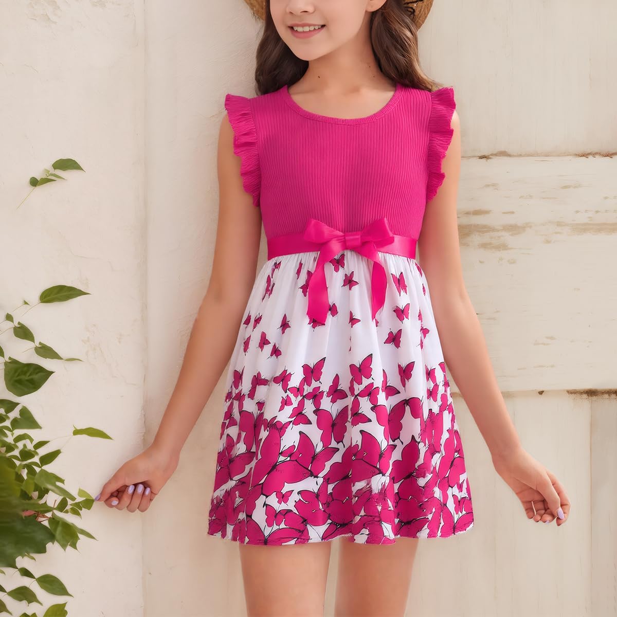 Mädchen Kleid mit Blumen Bowknot, Rüschenärmel A-Linie für Sommer Ostern, Rundhals 104 110 116 122 128