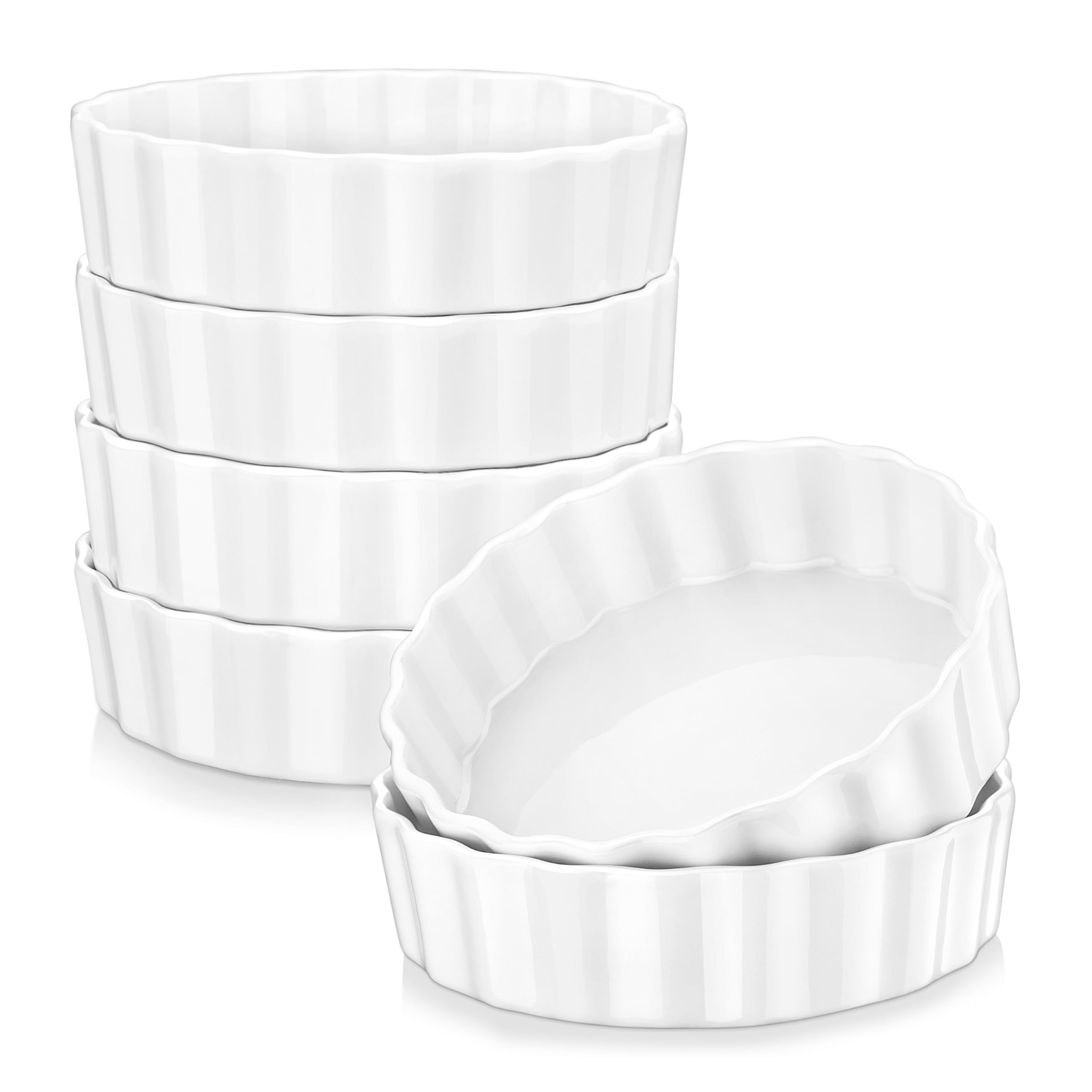 LOVECASA Lot de 6 mini moules à tarte ronds cannelés en porcelaine pour crème brûlée, 236,8 g, blanc