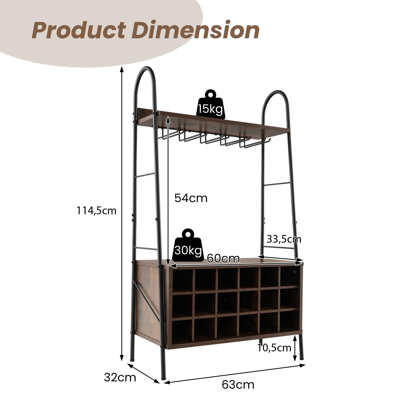 KOMFOTTEU Botellero para 18 Botellas, Estantería para Vino con Soporte para 15 Copas, Organizador de Botellas con Estantes Abiertos para Cocina, Comedor, Bar, 63 x 32 x 114,5 cm
