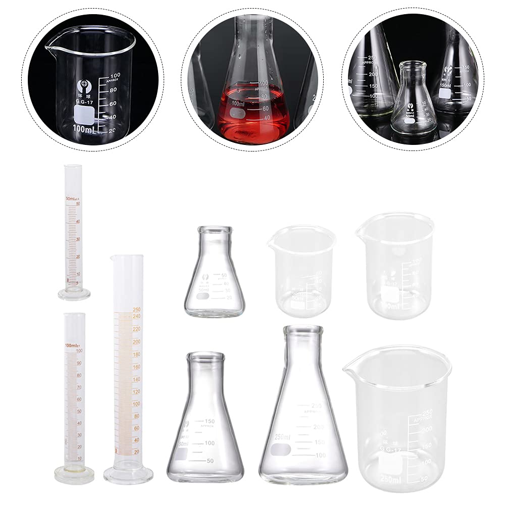 Laboratorium stożkowe - 9 sztuk materiałów laboratoryjnych (szklany cylinder z miarką i stożkową butelką)