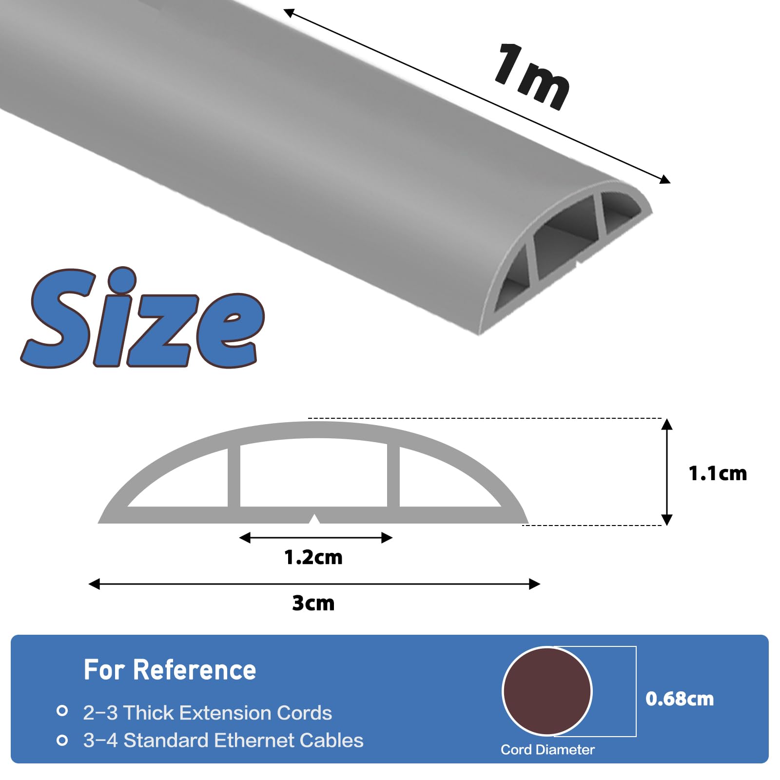 Canaletas para Cables Adhesiva canaleta pasacables para Suelo Cubiertas de Suelo para Cables pasacables de PVC (1m×3cm, Gris) — view 2