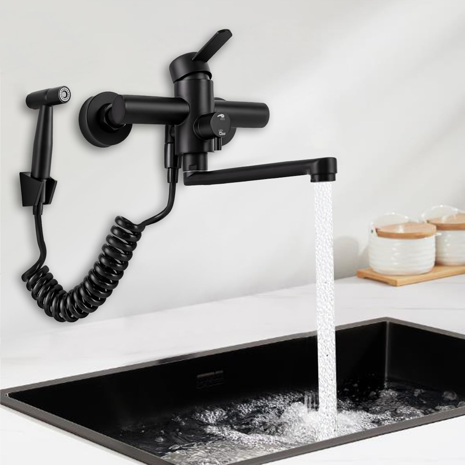 Grifo de cocina negro de acero inoxidable montado en la pared, multifunción giratorio 360°, grifo de pared para cocina con pistola pulverizadora, monomando mezclador monomando para fregadero con 3