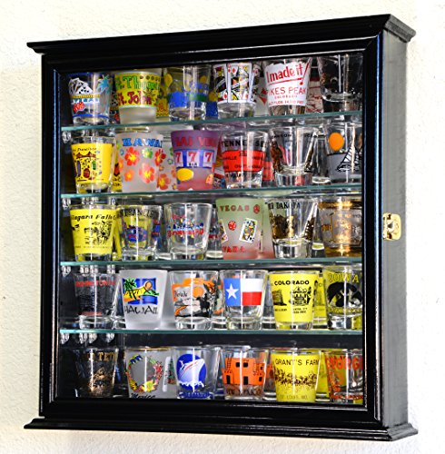 Shot Glasses Display Case Holder Cabinet Wall Rack w/ Mirror Backed and 4 Glass Shelves -Black