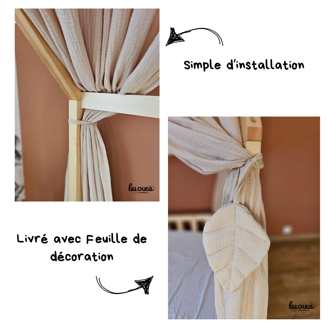 Ciel de lit cabane,100x350 cm, Coton Biologique Beige, décoration pour Chambre bébé ou Enfant. Inclus : 2 Toiles lit cabane; 2 Feuilles de décoration et Les Attaches Pratiques.