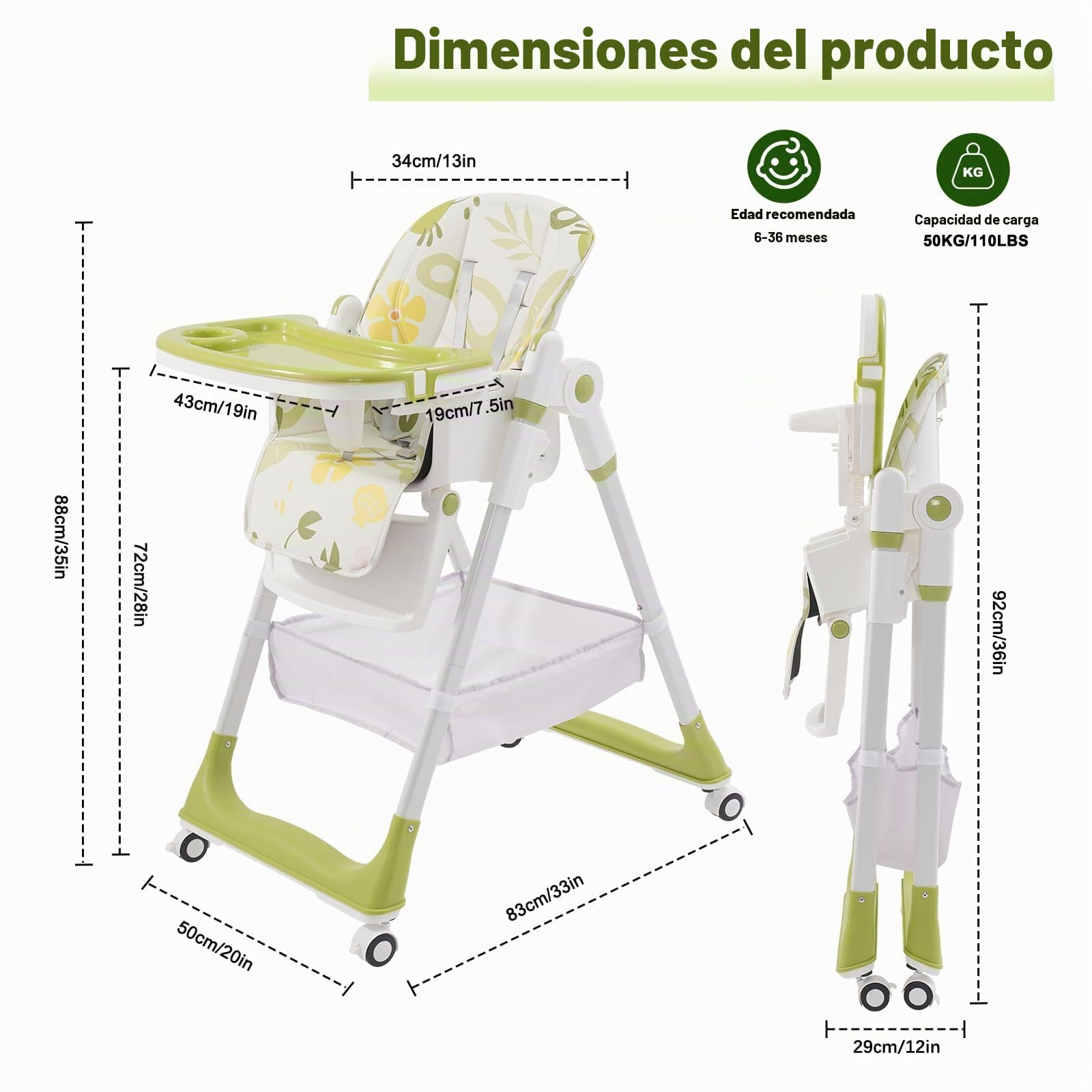 Trona para bebé plegable, Trona bebe con reposapiés, ruedas, altura y respaldo regulables, trona versátil para bebé desde el nacimiento