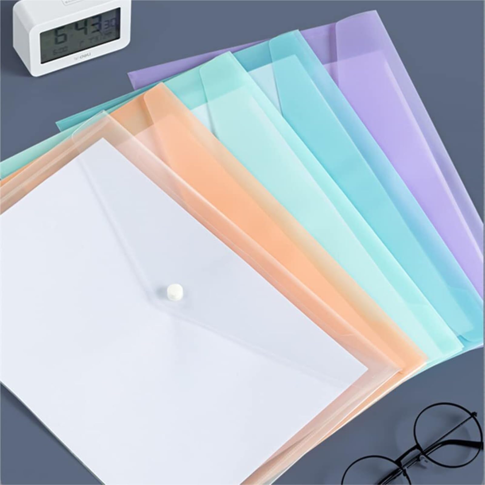 cartelle in plastica Confezione da 20 buste trasparenti in plastica A4 con chiusura a bottone automatico, cartelle impermeabili, organizer formato lettera for scuola, ufficio, casa cartelle