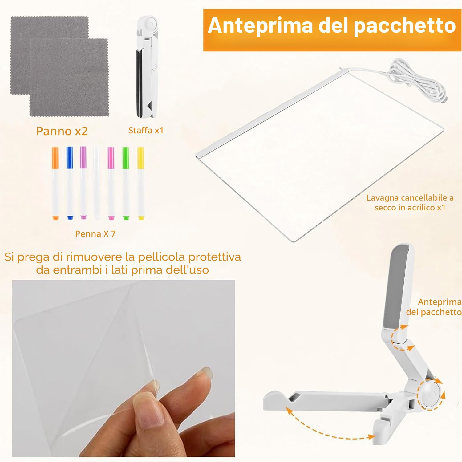 Lavagnetta LED con Colori, Bacheca Luminosa in Acrilico, Lavagna Trasparente con Luci LED, Bacheche LED per Scrivere, Lavagna LED per Disegnare per Bambini con Supporto, 7 Pennarelli - 30 * 20 cm