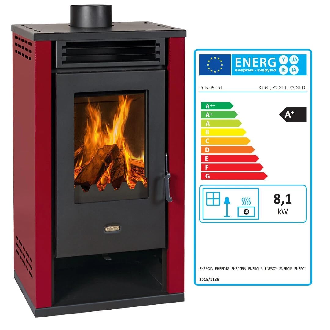 Prity K2 GT Poêle à bois 8,1 kW, classe d'efficacité énergétique A+, rendement 80,4 %, tuyau de fumée Ø 150 mm, construction robuste en acier et fonte