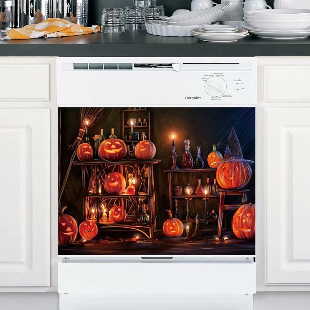 Halloween Pumpkin Magic House Dishwasher Magnet Cover Decal Kitchen Vinyl Pumpkin Candle Sticker, Magnetic 23" W x 17" H