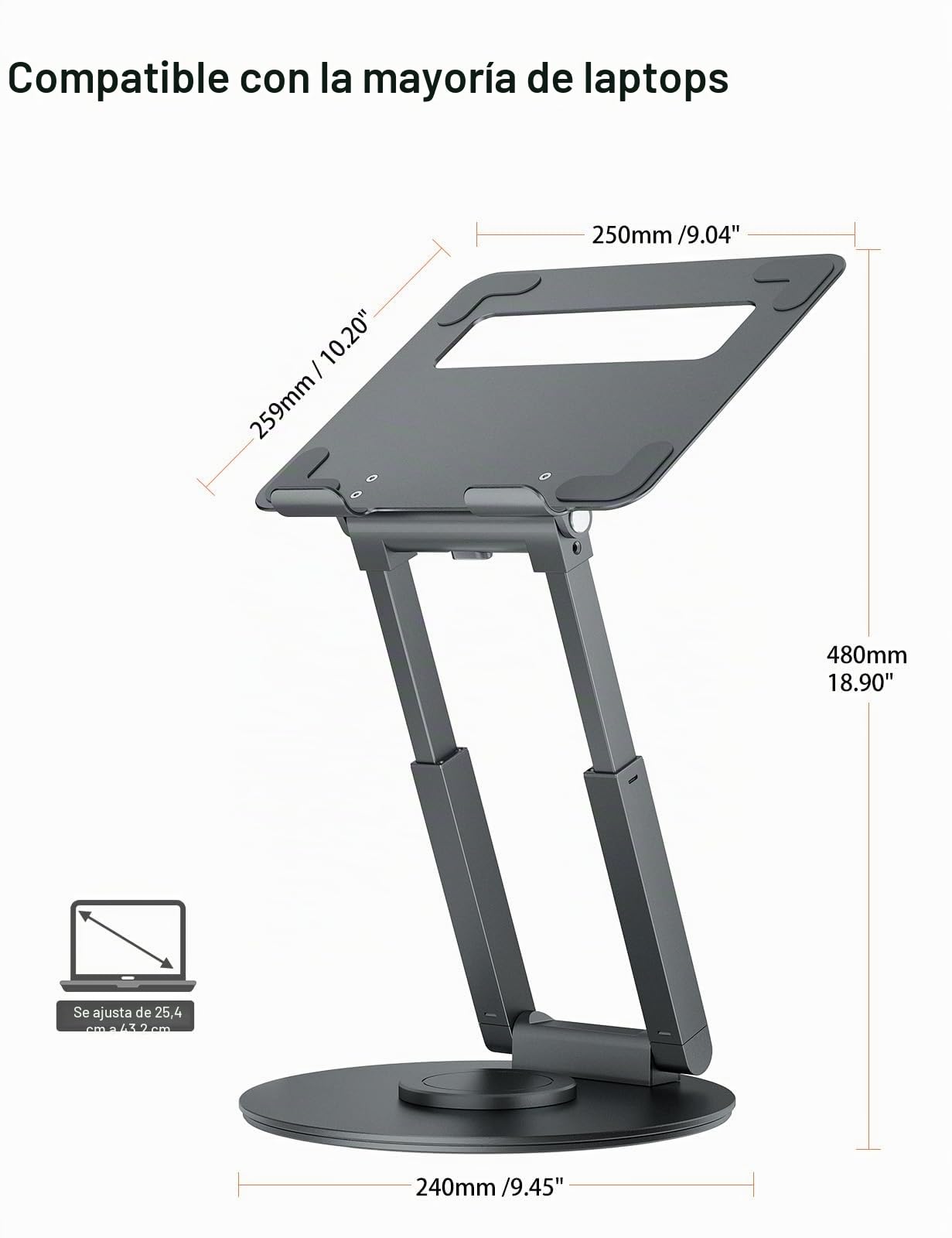 tounee Soporte Portátil Altura Ajustable de hasta 21 Pulgadas, Soporte Ergonómico Ordenador Portátil con Base Giratoria de 360 Grados Laptop Stand Compatible con Todas Las Portátiles de 10-17", Gris