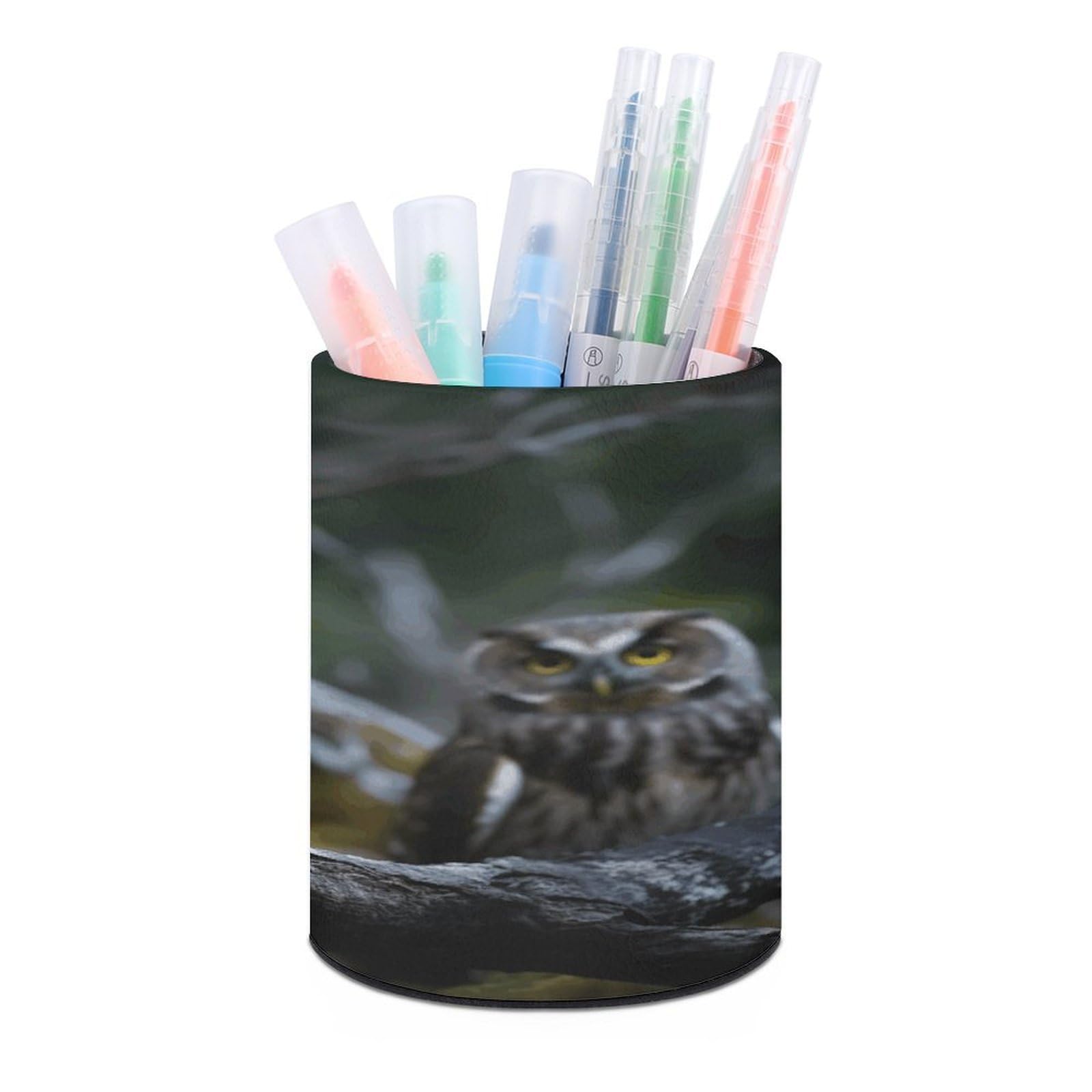 FekiLoot Round Wild Owl Birds Pen Holder for Desk PU Leather Waterproof Pencil Cup Stand Minimalist Makeup Brush Storage Organizer Desktop Stationery Container Accessorires