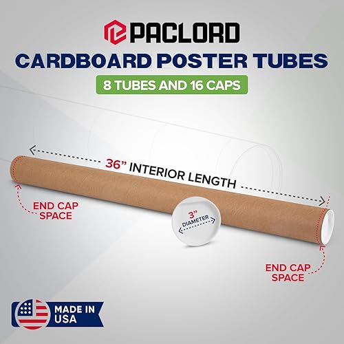 Miniatura 2 de Tubos de correo de papel kraft reforzado de 3 x 36 pulgadas, paquete de 8 tubos con 2 tapas cada uno, tubo de cartón fabricado en Estados Unidos