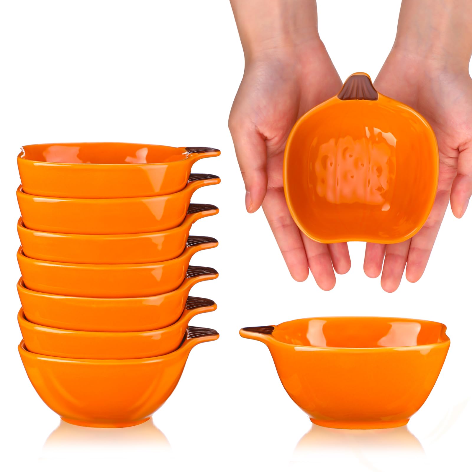 dandat 8 pcs fall ramekins 6 oz oven safe pumpkin ceramic ramekins small creme brulee dishes dipping pumpkin baking dish pumpkin shaped bowl plates for serving dip, sauce, condiments and snack