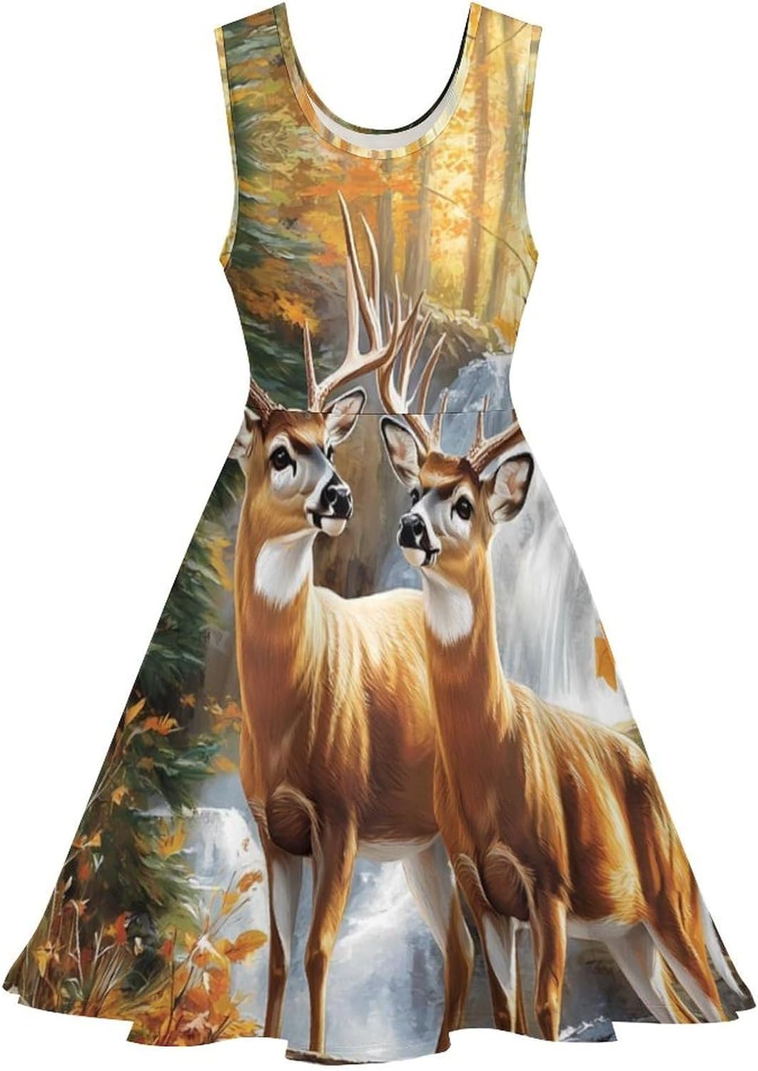 Deer Wild Animal Forests Women's Dresses Round Neck Dress Sleeveless Tank Dress Ruffle Hem Sundress
