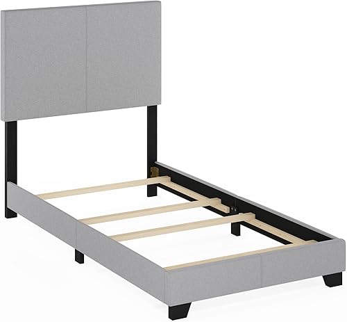 Miniatura 3 de Furinno Pessac - Marco de cama tapizado de tela con soporte de listones de madera, tamaño individual, glaciar