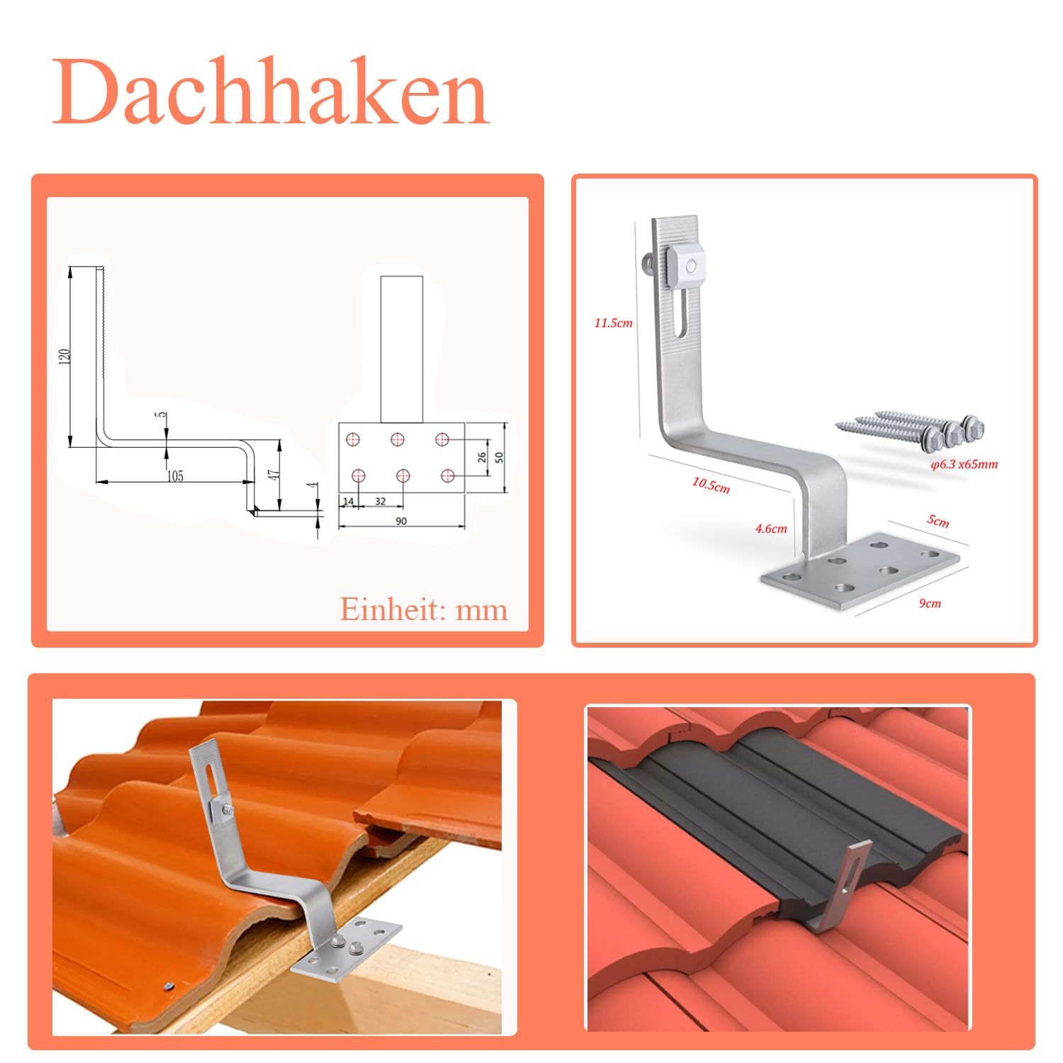 Photovoltaik Ziegeldach Befestigungssystem,Solar Alu Halterung Befestigung Schiene Dachhaken PV für 4 Module,Solarmodule Halterung Montageschiene Set für Solar Panel Verstellbar 30-35MM Dick