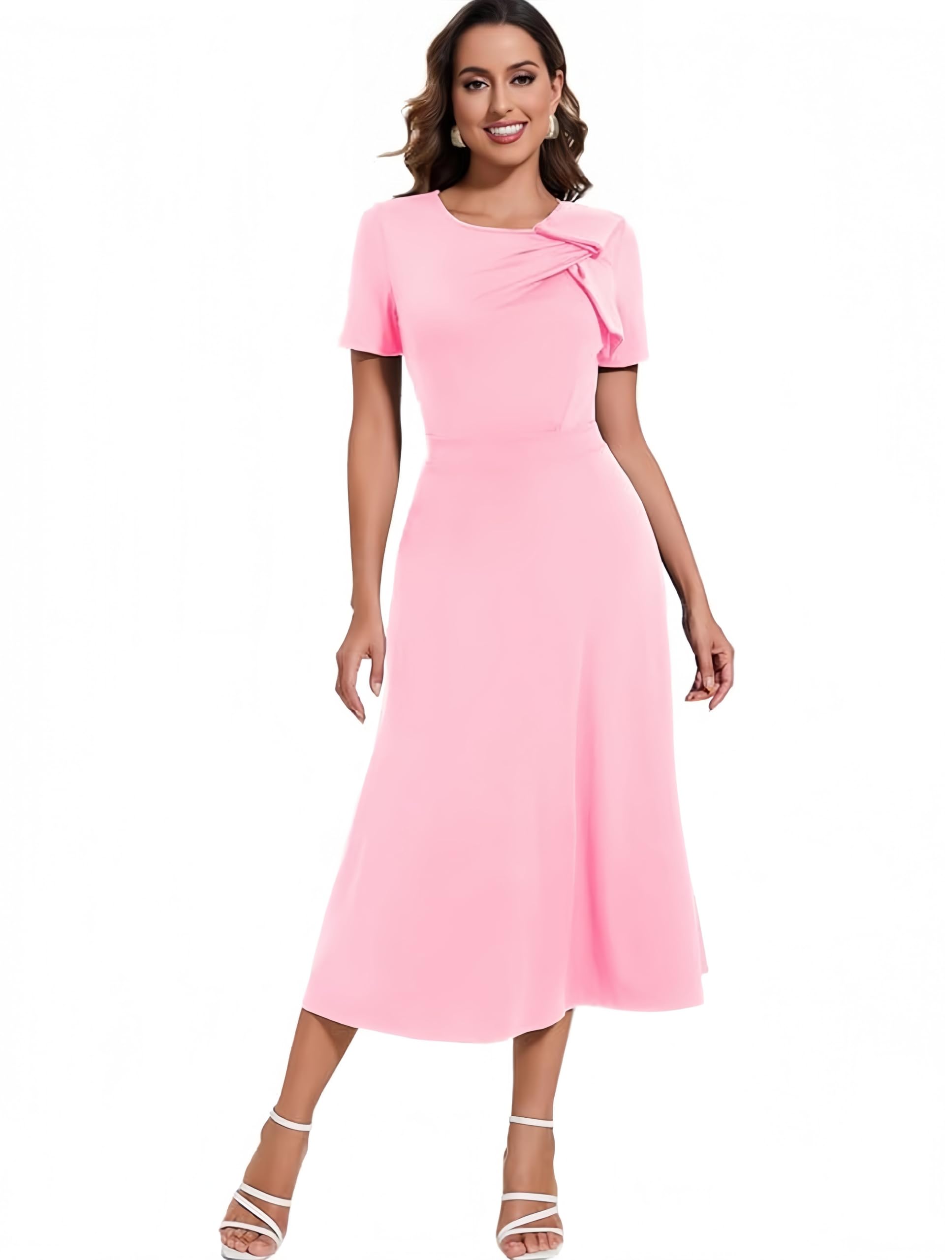 Elegant Womens A-Line Midi Dress Short Sleeve Business Casual Dress with Pleated Neckline Detail Office Work Party Wear