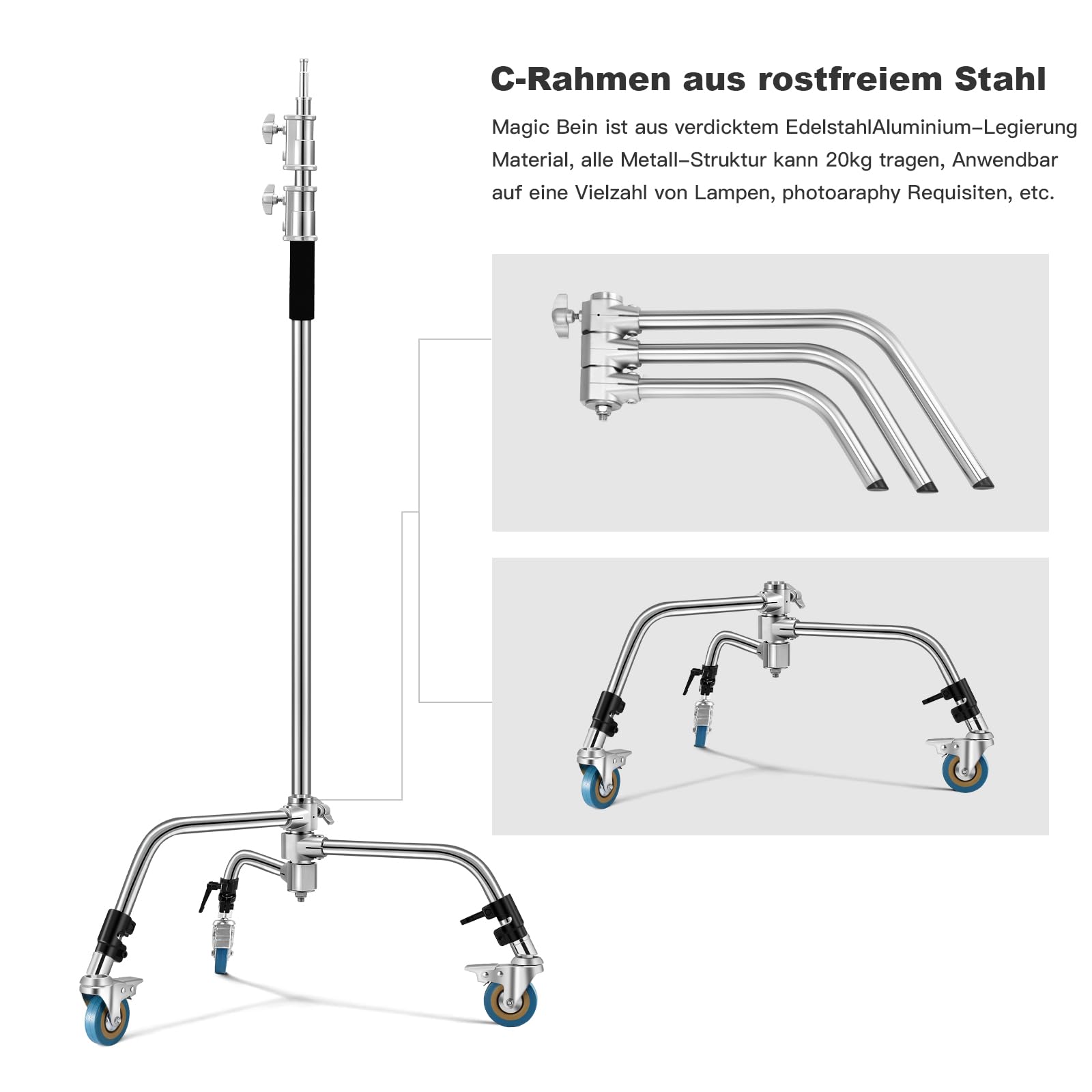 Soonpho Cavalletto C Stand,3,3 m Regolabile Supporto Luce, Con Asta Di Prolunga Da 1,2 m 3 Ruote,2 Teste di Presa & Borsa per Fotografia in Studio Riflettore Ombrello Monoluce,Softbox