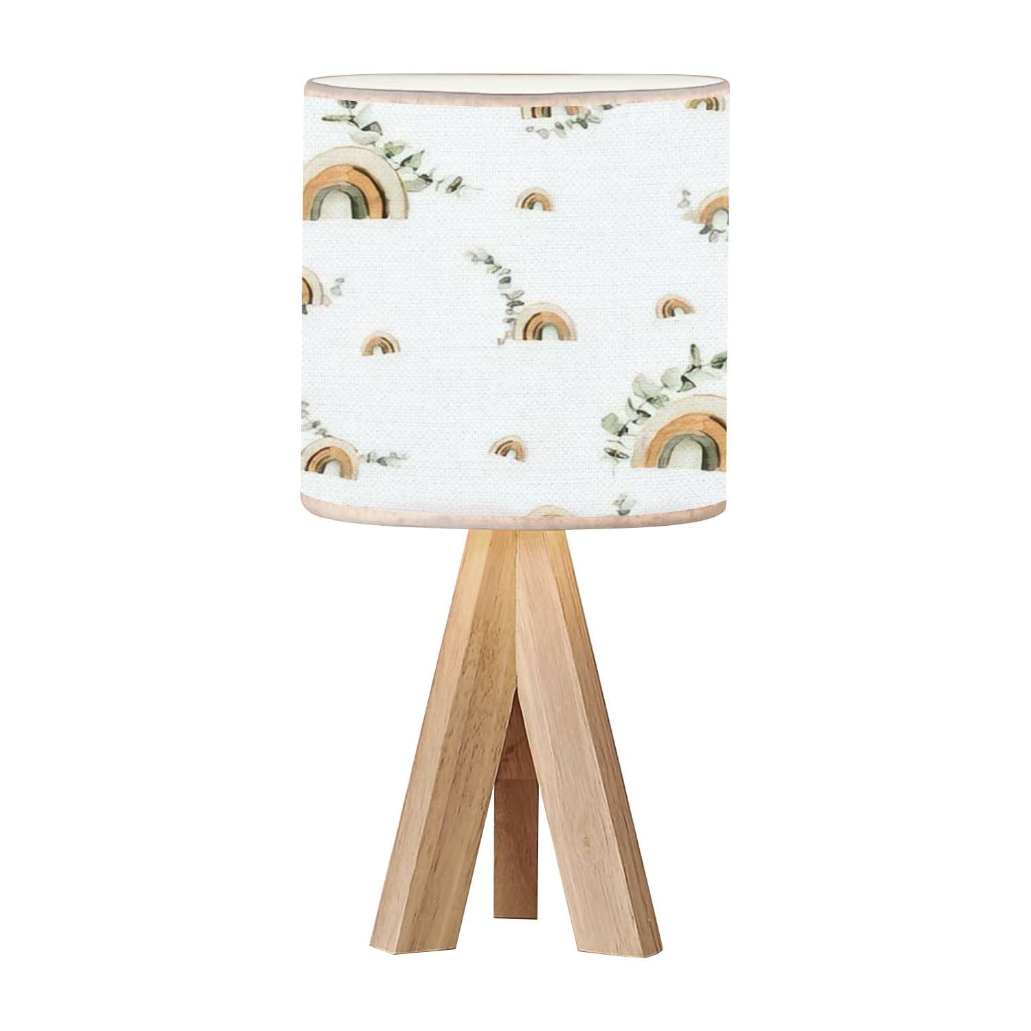 OEPWQIWEPZ Tripod Bedside Desk Table Lamp Watercolor Nursery Seamless Hand Painted Cute Boho Rainbow Eucalyptus Wood Nightstand with Linen Fabric Shade for Bedroom Living Room Kids 7.09x14.57inch