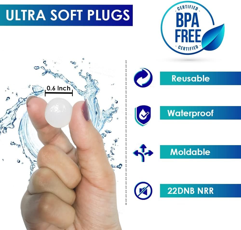 Ohrstöpsel zum Schlafen, Schwimmen, weiche Geräuschunterdrückung, Silikon-Gel-Wachs-Ohrstöpsel für Schlaf und Schwimmer, Gehörschutz mit Schallblockierungspegel von 32 dB (Weiß, 16 Stück