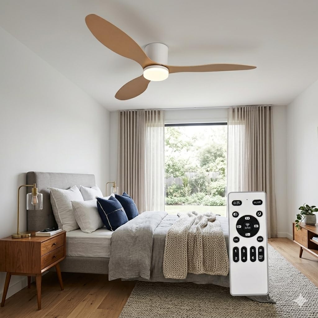 Ventilador de Techo Grande con Luz y Mando 132cm (52"), Motor DC Silencioso, 3 Aspas Plástico Efecto Madera Clara, LED Regulable, Estilo Nórdico para Salón, Blanco y Madera