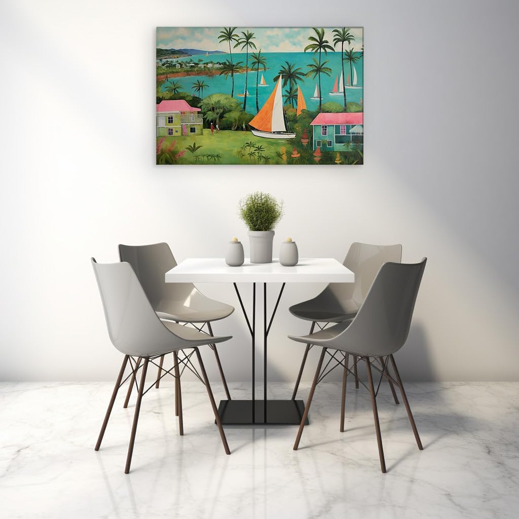 Canvas for Living Room. Sailing into Serenity: A Vivid Tropical Waterfront Dream, 27 x 18 inch Canvas Wall Art - Contemporary Masterpieces - Botanical Home Decor