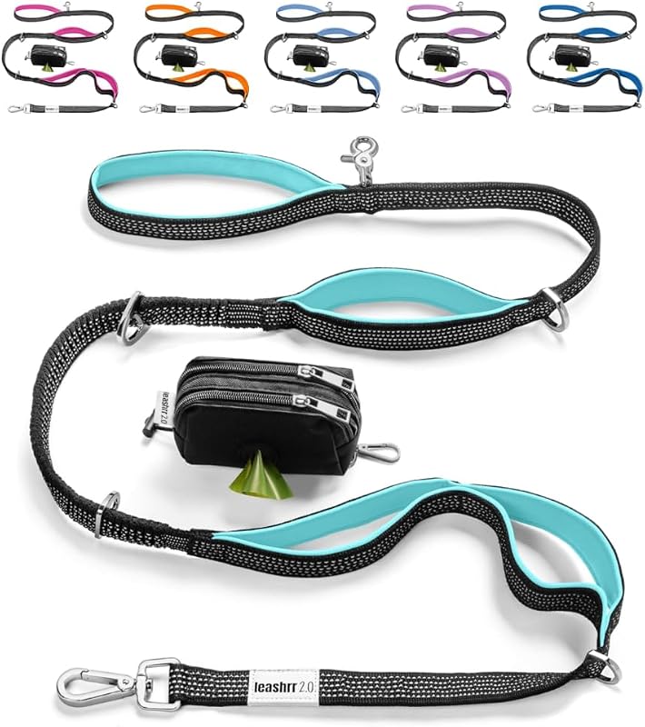Guia ajustável para cães com amortecimento, faixas refletivas e bolsa porta-sacos Leashrr 2.0 Aqua – 1 unidade