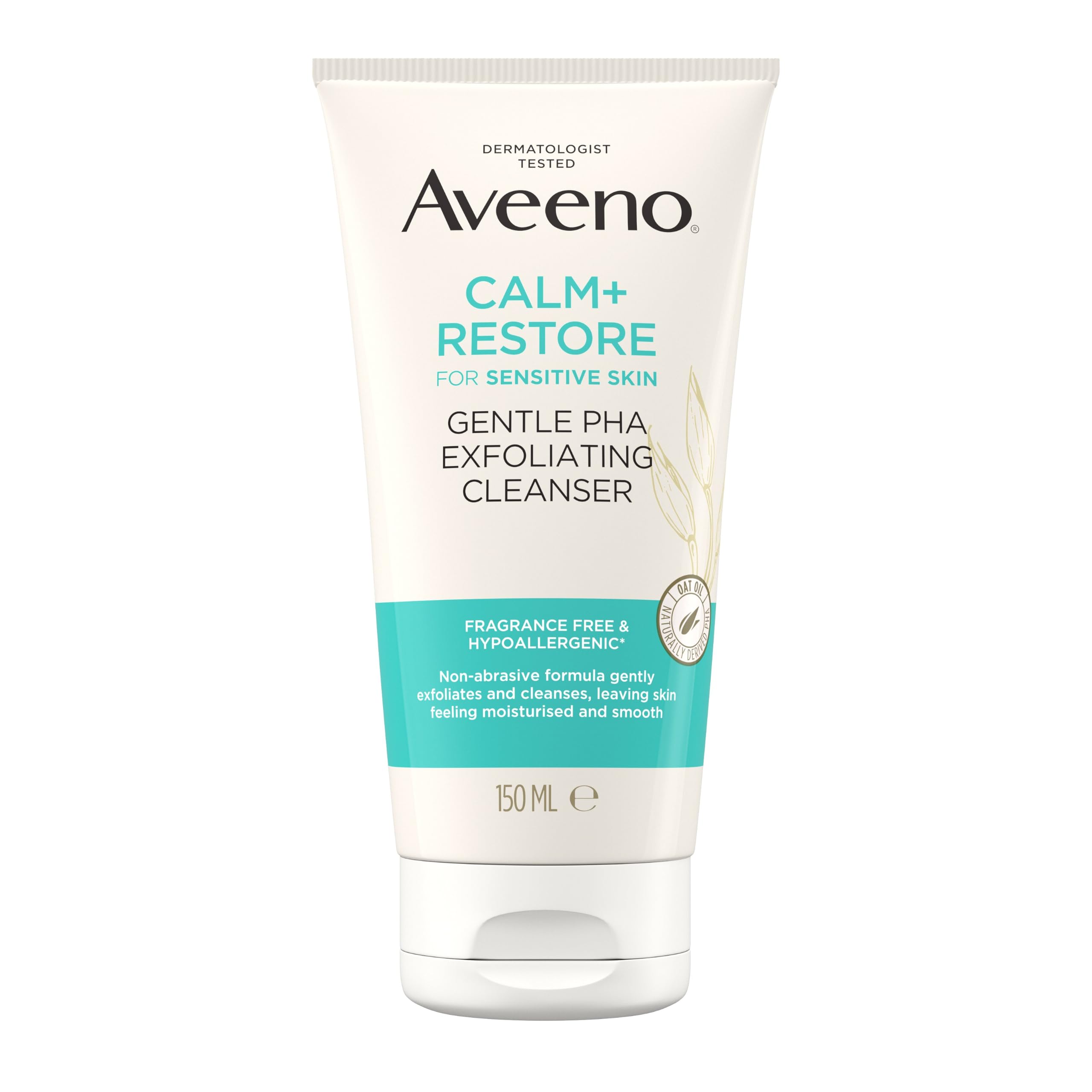 Aveeno Face Calm+Restore Gentle Pha Exfoliating Cleanser 150Ml Hydrating Pha With Oat Oil For Sensitive Skin Daily Gentle Exfoliation