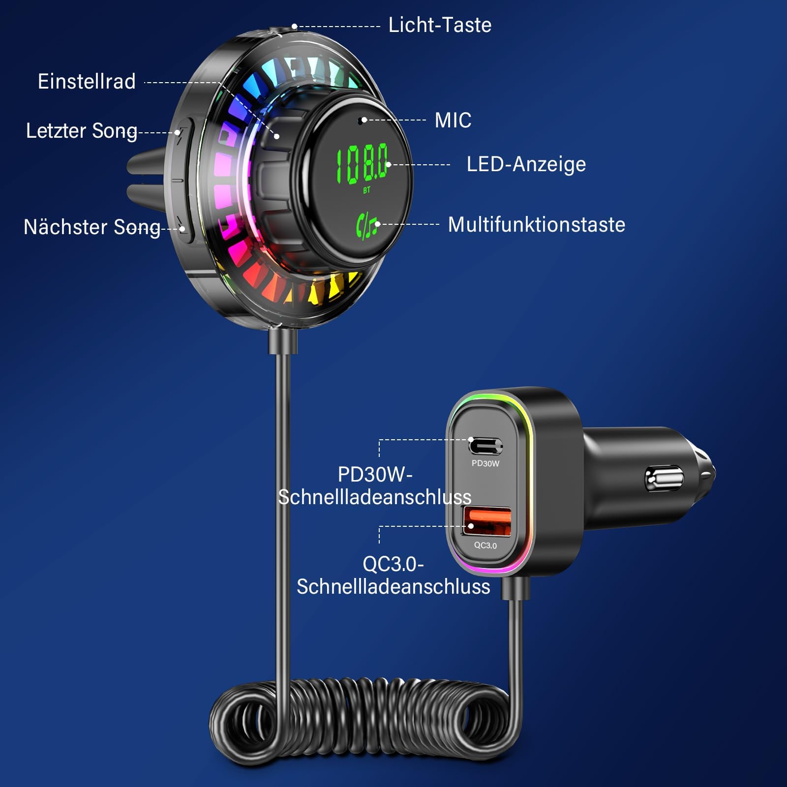 Adattatore Bluetooth Auto FM Transmitter con Luce RGB - Vivavoce Bluetooth 5.3, Caricabatterie PD30W USB-C & QC3.0, Adattatore Bluetooth per Auto per iPhone Android Autoradio OHFAMO