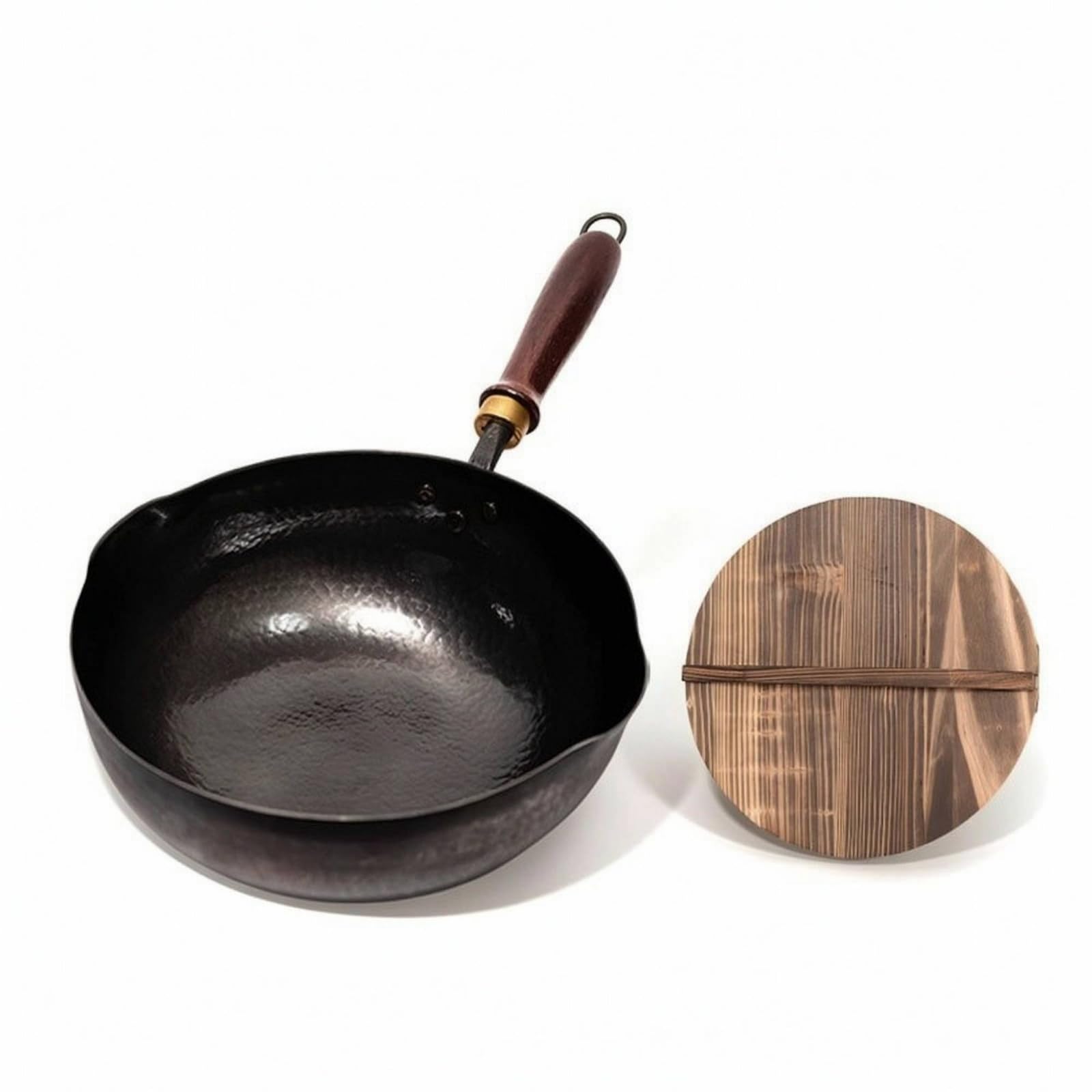 Wok avec Couvercle fait Main Wok En Fer Robuste Poêle avec Couvercle pour Cuisine, 28 Cm, Poêle Wok Yuanbao Faite À La Main Avec Couvercle En Bois