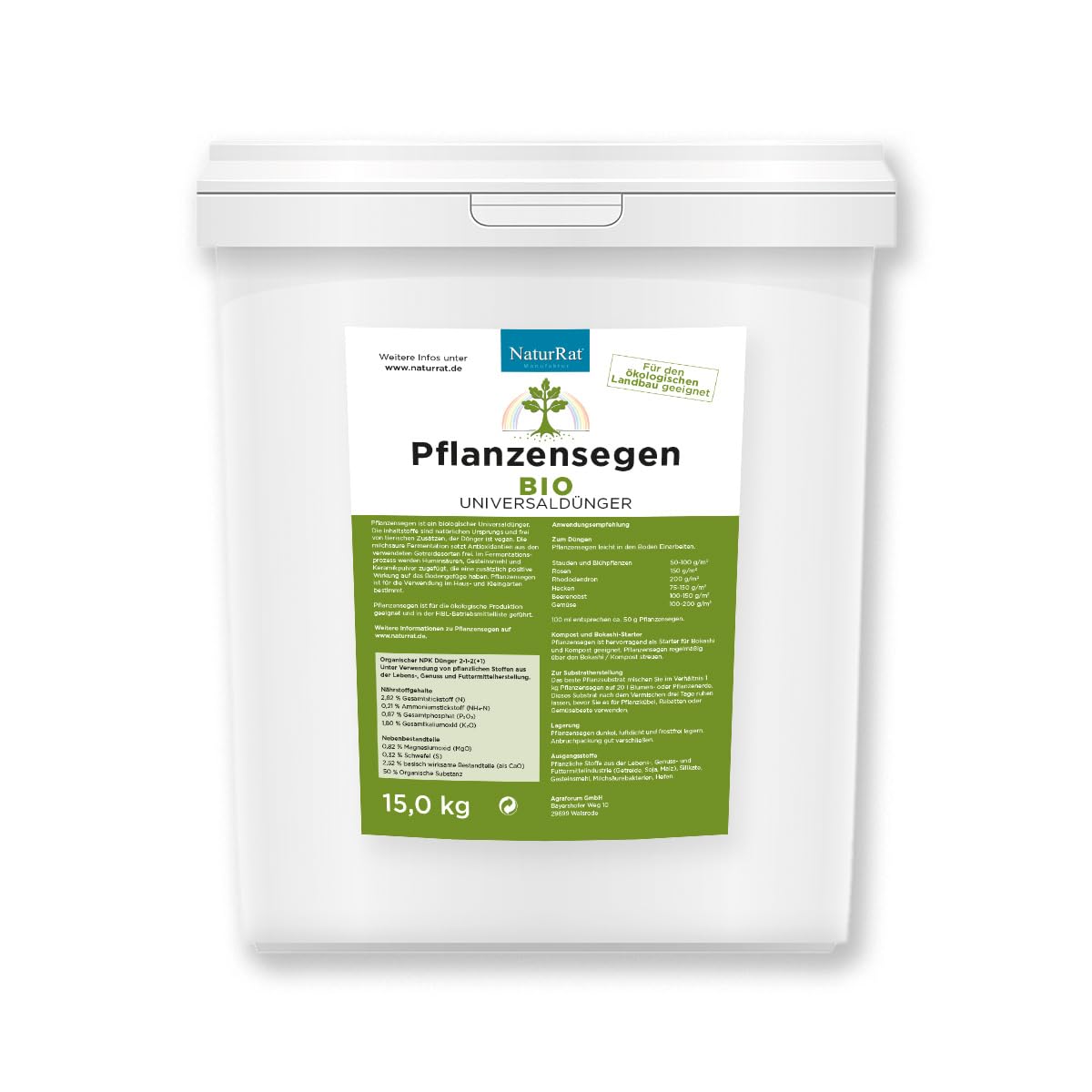 Pflanzensegen | Veganer Universaldünger, NPK 3-1-2(+1), 15,0 kg | Fermentierter Dünge-Bokashi, für Zierpflanzen, Obst, Gemüse und Rasen, für einen gesunden Boden, Bokashi-Ferment