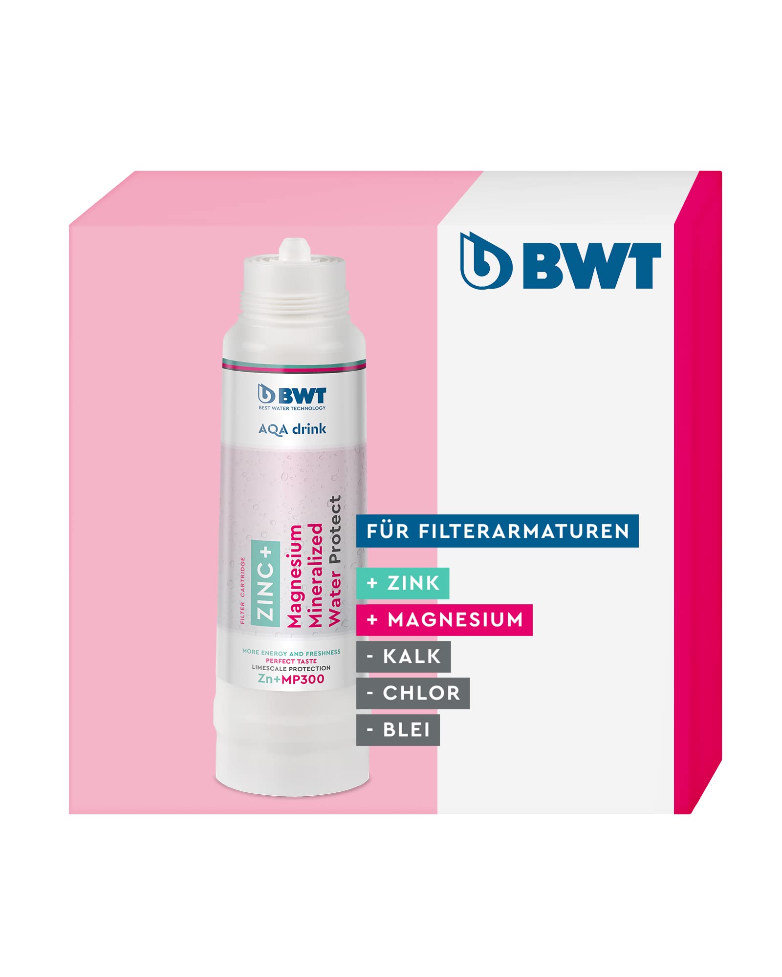 BWT AQA Drink Zinc + MP300 Cartouche filtrante pour eau potable Réduit les polluants dans l'eau du robinet Avec zinc et magnésium pour votre eau potable Filtre calcaire, chlore, plomb, cuivre | Réduit les polluants dans l'eau du robinet, avec zinc + magné