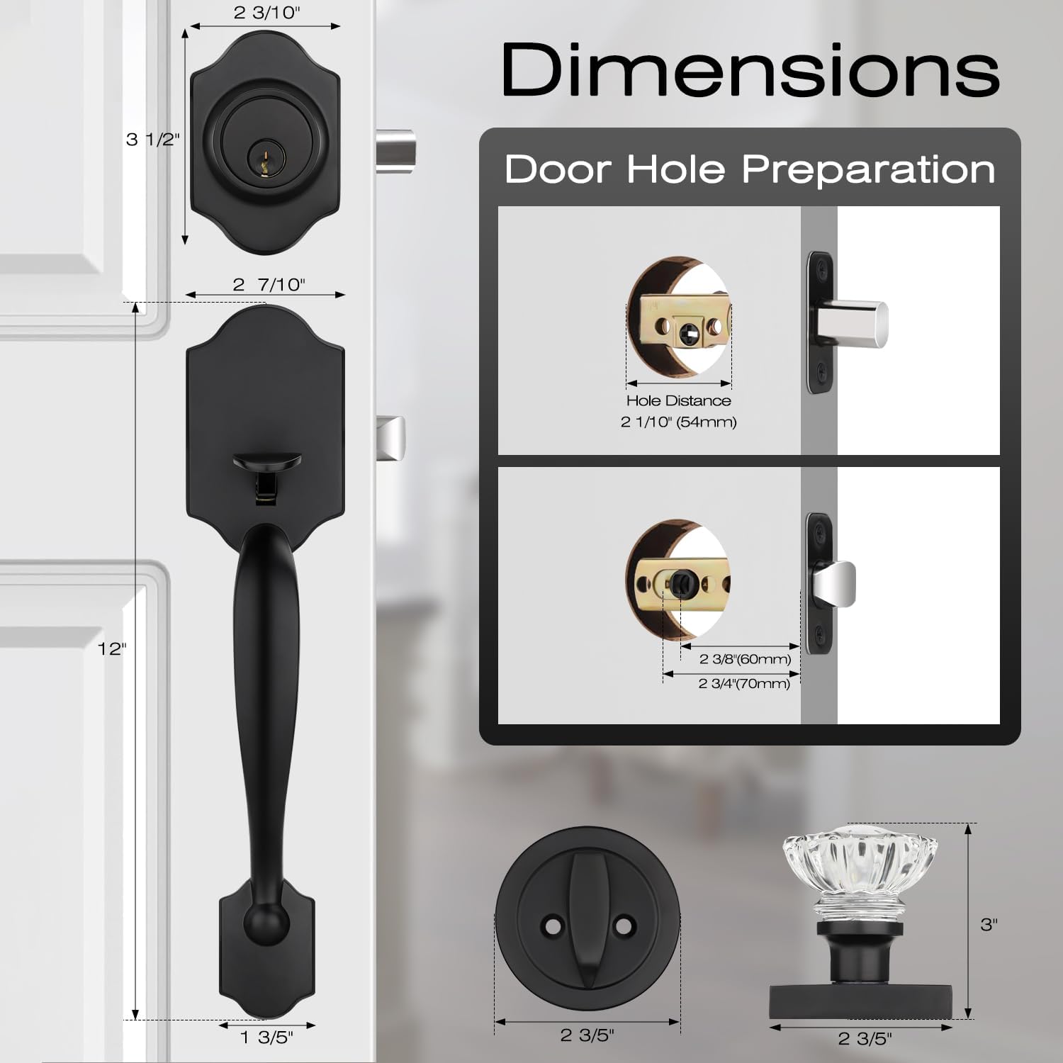 EHOMEWARE Front Door Handle and Deadbolt Set, Matte Black Exterior Door Lock Set, Front Door Lock with Single Deadbolt, Heavy Duty Crystal Entry Door Handle, Fits Both Left and Right Doors