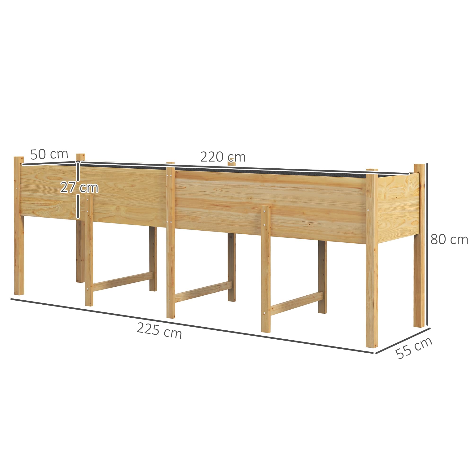 Outsunny Jardinière sur Pieds Inserts d'Irrigation 225x55x80cm Bois Naturel | Carré Potager de Jardin, Feutre de Drainage, Potager Surélevé en Bois, pour Fleurs, Herbes, Légumes