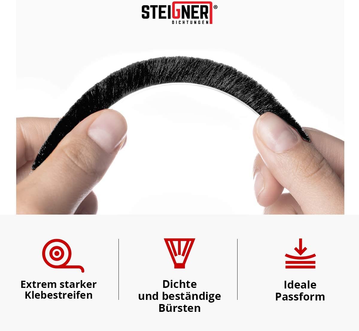 STEIGNER Burlete de cepillo autoadhesivo marrón 12 mm x 50 m - Burlete para ventanas, puertas y balconeras - Aislamiento acústico, protección contra el viento y el polvo