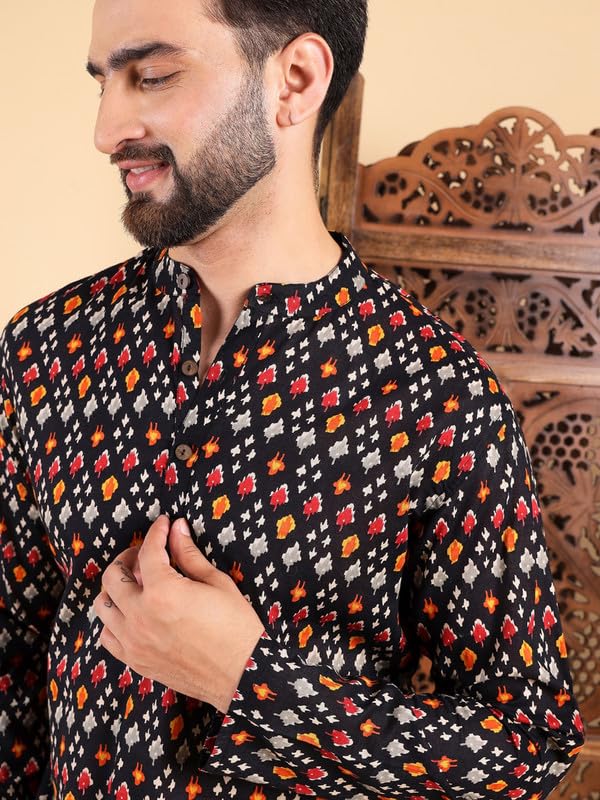 Image of Vaamsi Ethnic Bay Men's Cotton Solid Printed Short Regular Kurta(MSKU1002BLK)