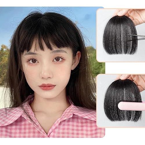 Miniatura 5 de Flequillo falso, 1 pieza, clip de flequillo, flequillo sintético, extensión de pelo sintético, fleco falso con clip en fleco sintético corto (negro)