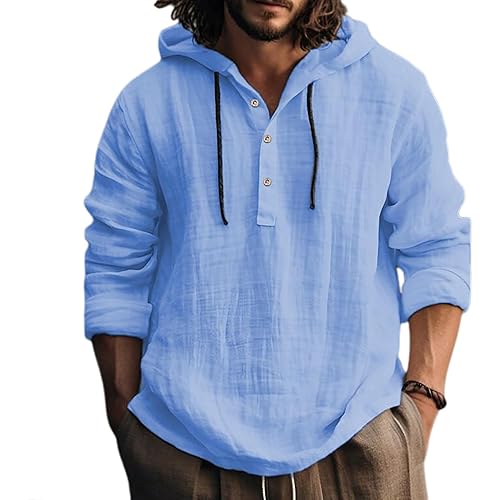 Men's Linen Hooded Shirt, Lightweight Long Sleeve Button Up, Loose Breathable Boho Beach Linen Hoodie for Summer