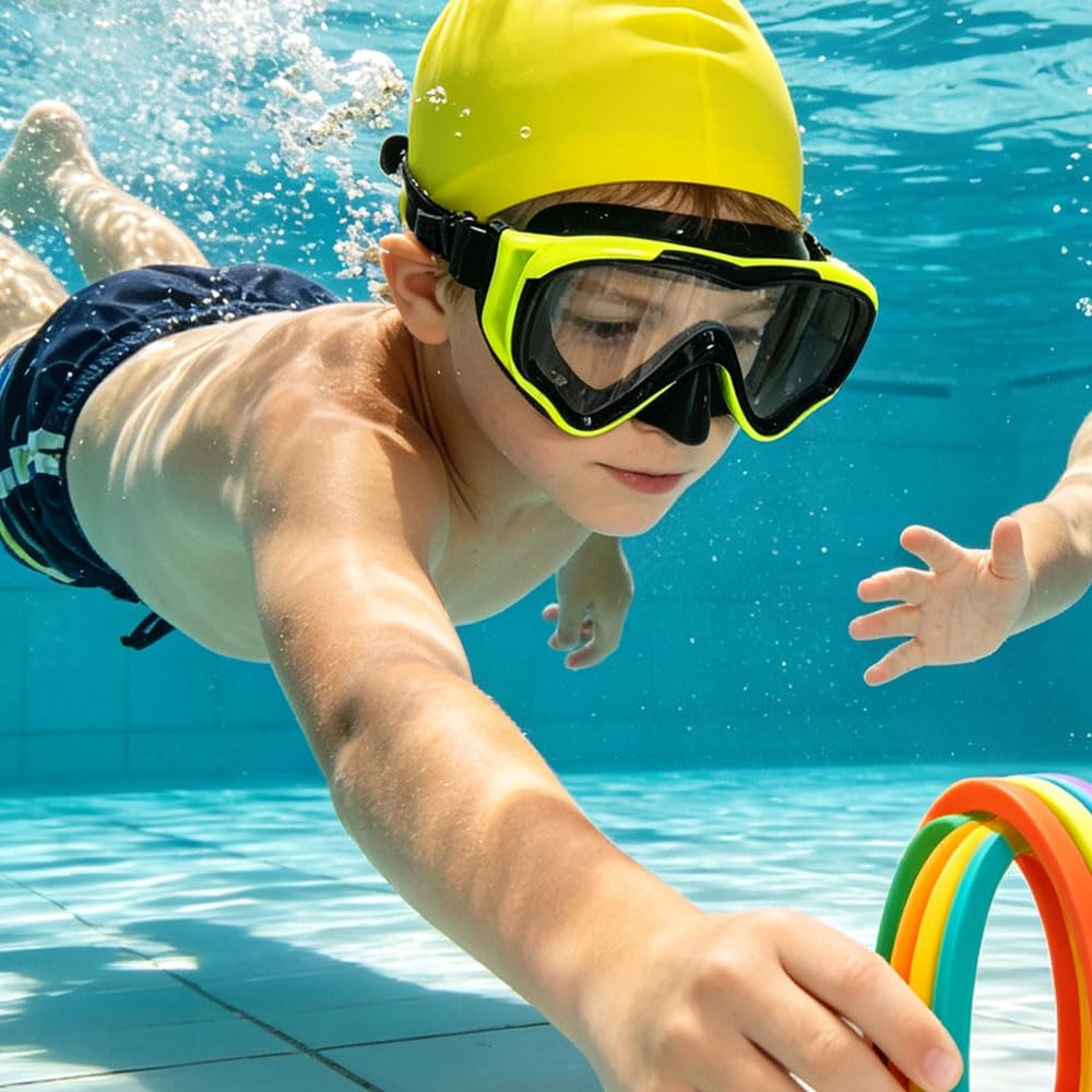 Maschera da snorkeling per bambini, anti-appannamento e anti-perdite, occhialini da snorkeling e nuoto, impermeabile, resistente, in vetro temperato, per bambini (giallo)