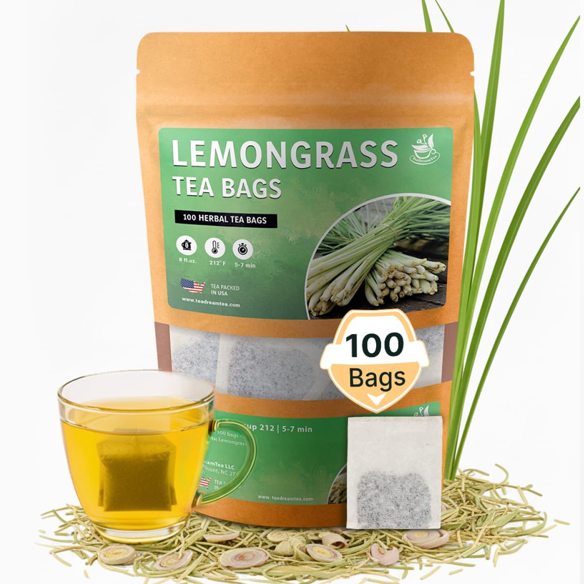 Lemongrass Tea Bags - 100 Bags (Premium Natural Pure Leaf Tea - 100 Count) Gluten-Free and Caffeine-Free Herbal tea for Relaxation, Wallness, Immune