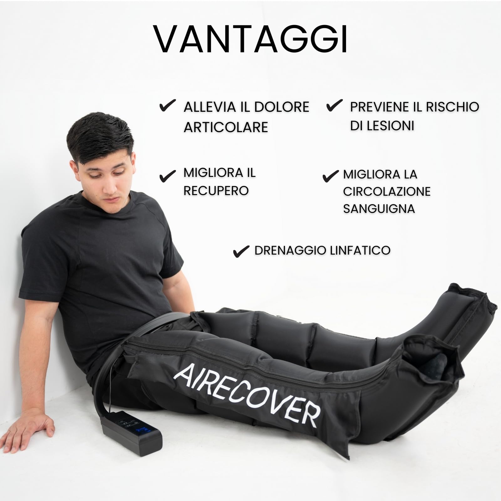 Pressoterapia a casa, massaggiatore per gambe e piedi stanchi per migliorare la circolazione, recupero muscolare, drenaggio linfatico, portatile con borsa (M:170-182cm)